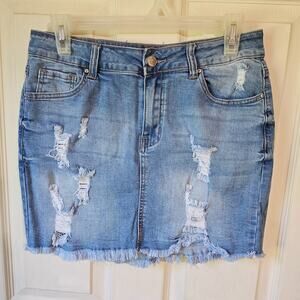 WAX JEAN Women's Blue Distressed Denim Mini Jean Skirt Size L Free Ship